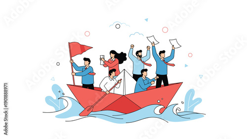 Resilient team of diverse individuals navigates challenging waters in a paper boat, demonstrating teamwork, leadership, and a spirit of triumph.