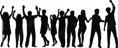Black silhouettes of cheering people celebrating together with raised hands, happy party crowd group isolated on white background, festival nightlife and concert concept.