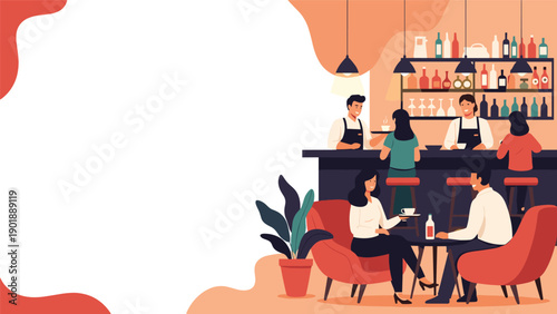 People socializing at a bar or cafe, with bartenders serving drinks behind a counter filled with bottles, while a couple sits at a table enjoying coffee, against a warm, inviting backdrop.