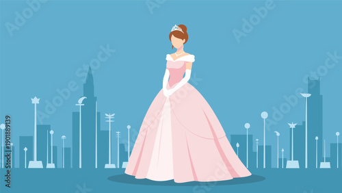 Elegant princess character in a flowing pink ball gown and tiara, standing gracefully against a blue backdrop featuring a stylized cityscape, evoking a fairytale or formal event.