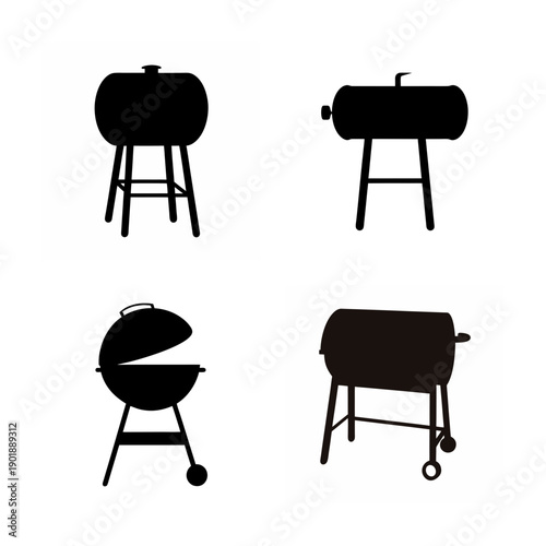 Four different styles of outdoor barbecue grills depicted in silhouette form