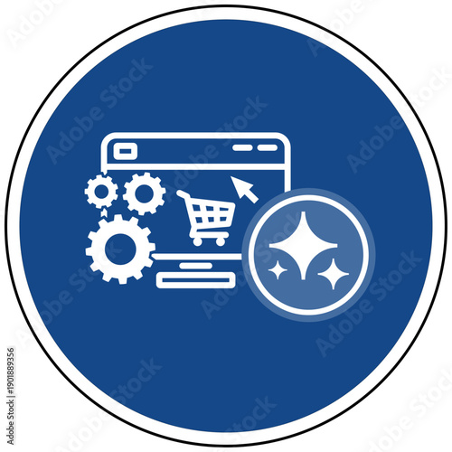 E-Commerce Optimierung durch KI Vektor Icon blaues Schild für Online Shopping Webshop Analyse und Künstliche Intelligenz Warenkorb Symbol Illustration