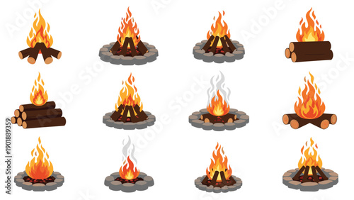 Set of twelve illustrations depicting various types of campfires and bonfires, showing different arrangements of logs and flames, some with smoke, ideal for outdoor, camping, or survival themes.