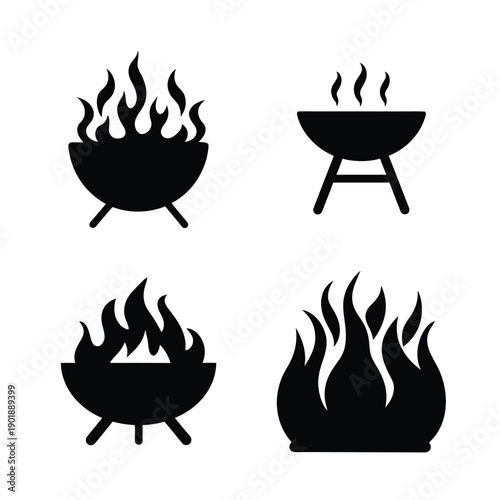 Four distinct icons depicting various types of fire and cooking setups