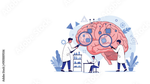 Group of scientists or researchers studying a large human brain with magnifying glasses, inspecting microchips within, representing neuroscience, artificial intelligence, and brain research.