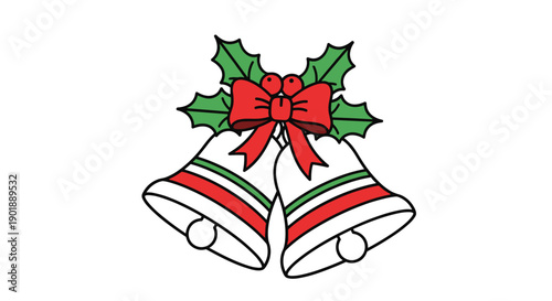 Cheerful and colorful illustration of two white Christmas bells with a red bow and green holly for festive decorations.