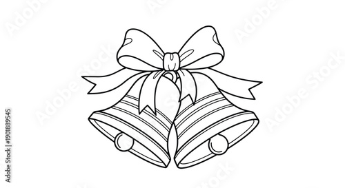 Detailed black and white line drawing of two classic Christmas jingle bells tied together with a large, beautiful bow.