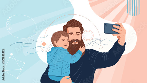 Bearded father holding his happy young son, taking a selfie with a smartphone against a stylized background with abstract shapes, depicting a loving family moment and modern digital interaction.
