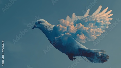 Double exposure silhouette of flying white dove bird with blue sky and clouds inside. Holy Spirit, peace, freedom and hope religious art concept