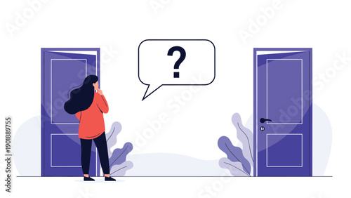 Woman standing between two open doors, contemplating a difficult choice or important decision, with a question mark thought bubble above her head, symbolizing uncertainty and opportunity.