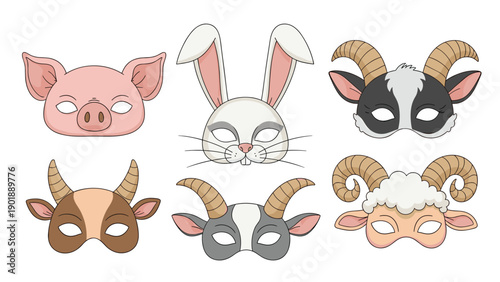 Set of six animal masks for children's parties or costumes, featuring a pig, rabbit, goat, cow, ram, and sheep, designed in a cute and friendly cartoon style.