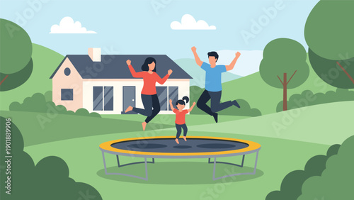 Happy family, including a mother, father, and daughter, jumping on a trampoline in their backyard with a house and green hills in the background, illustrating outdoor fun and activity.