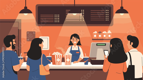 Busy cinema concession stand with a friendly female vendor serving popcorn and drinks to customers waiting in line, depicting entertainment, movie snacks, and customer service.