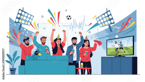 Group of enthusiastic friends celebrating and watching a football game on TV in a lively setting with stadium lights and confetti, depicting sports fandom and social gatherings.