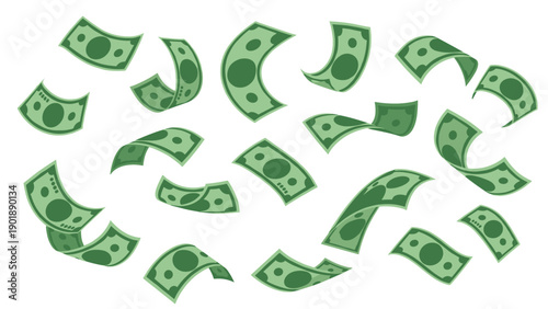 Abundant green dollar bills falling freely through the air, creating a dynamic visual of money rain, symbolizing financial gain and wealth.