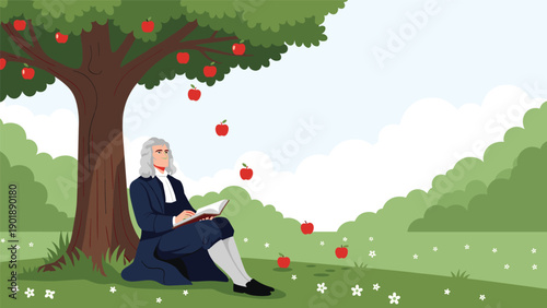 Isaac Newton sitting thoughtfully under an apple tree with falling apples, symbolizing the inspiration behind his theory of gravity and scientific discovery.