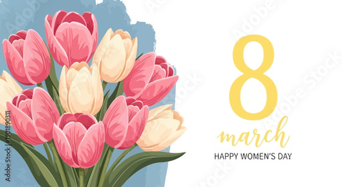 A beautiful bouquet of pink and cream tulips is displayed next to the number 8 and the text "8 march happy women's day".