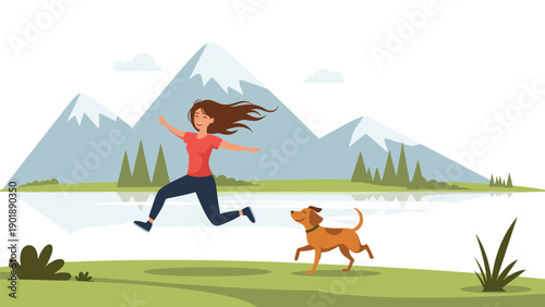 Energetic woman cheerfully running with her happy dog through a beautiful mountainous landscape, conveying active lifestyle, freedom, and enjoyment of nature.