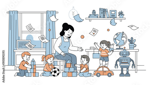 Attentive teacher supervising happy children engaged in playful learning activities with building blocks and various toys in a vibrant classroom setting.