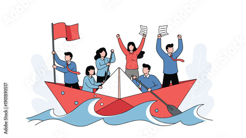Determined group of business people navigating challenging wavy waters in a paper boat, symbolizing teamwork, leadership, and resilience through adversity and crisis.