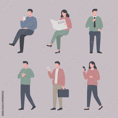 Flat vector illustration of diverse people characters sitting and standing while reading newspaper checking watch and using mobile phones for life