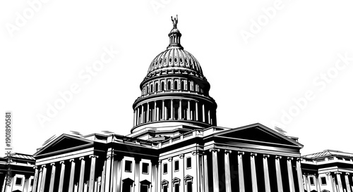 The United States Capitol Building, a grand neoclassical structure with a prominent dome, stands majestically against a clear sky.
