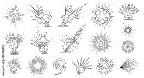 Collection of Hand-Drawn Explosion and Burst Effects in Black and White Line Art Style.