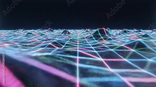 A neon-lit landscape with geometric peaks and a grid-like network of glowing lines