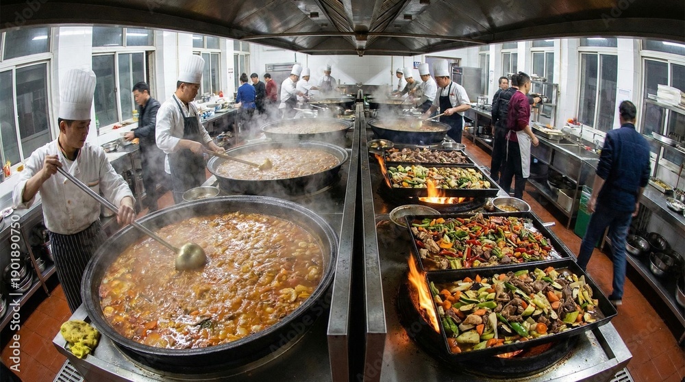 Obraz premium Busy commercial kitchen with chefs cooking giant paella pans, teamwork and heat in stainless workspace, ideal for catering and restaurant operations, festive holiday feast vibe