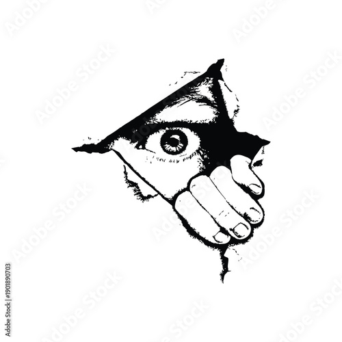 Black and white horror illustration of a human peering through a torn surface gripping vintage style vector art
