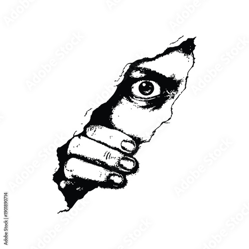 Black and white horror illustration of a human peering through a torn surface gripping vintage style vector art