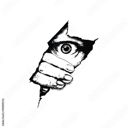 Black and white horror illustration of a human peering through a torn surface gripping vintage style vector art