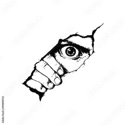 Black and white horror illustration of a human peering through a torn surface gripping vintage style vector art