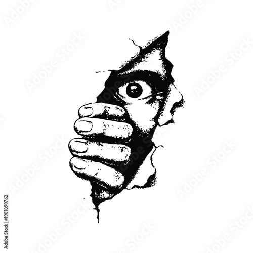 Black and white horror illustration of a human peering through a torn surface gripping vintage style vector art