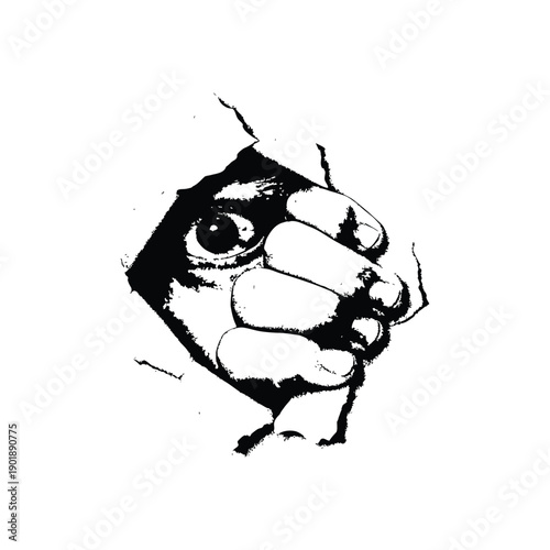 Black and white horror illustration of a human peering through a torn surface gripping vintage style vector art