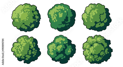 A collection of six pixel art illustrations of green bushes viewed from above, rendered in a distinct retro video game style.