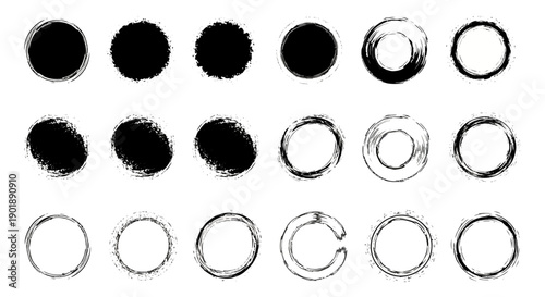 A collection of 18 hand-drawn circular brush stroke elements, including solid black circles and hollow rings with textured edges.