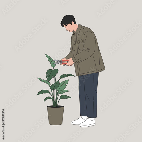 Man gardener character pruning indoor houseplant with scissors in flat vector style for home gardening and plant care concept illustration