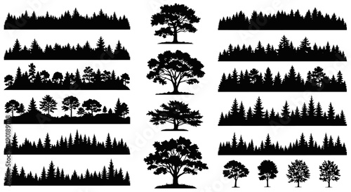 Collection of black silhouettes of various trees and forest landscapes, including coniferous and deciduous varieties, presented in a graphic style.