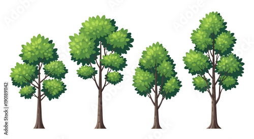 A collection of four stylized illustrations of deciduous trees with lush green foliage and brown trunks, set against a white background.