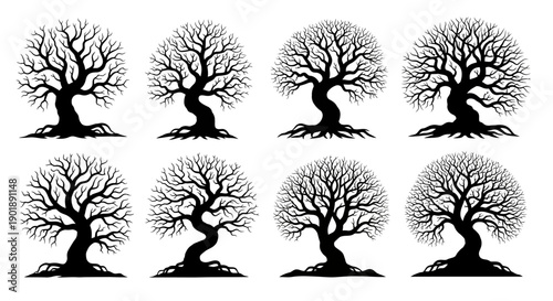 Collection of eight stylized silhouette illustrations of bare deciduous trees with gnarled trunks and exposed root systems, set against a white background.