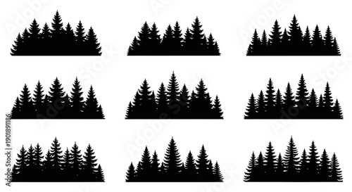 A collection of nine distinct black silhouette illustrations of evergreen forest tree lines, showcasing various arrangements and densities of pine and fir trees.