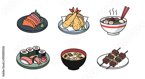 Delicious Japanese dishes including sushi, ramen, and tempura