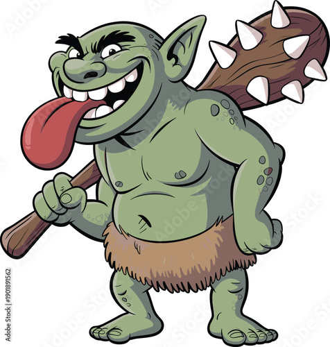 Funny cartoon troll monster character holding spiked club isolated on white background for fantasy gaming mascot branding illustration vector stock design artwork