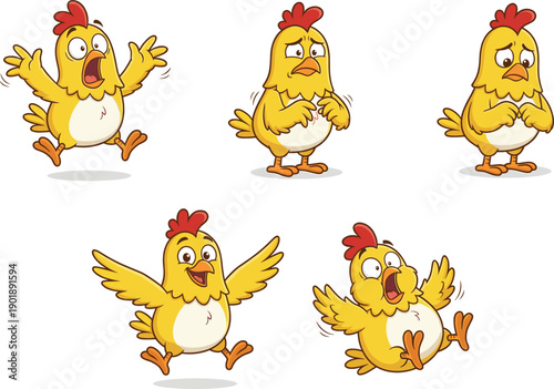Funny chicken cartoon character set showing different emotions and poses, cute farm animal illustrations for kids content, games, stickers, playful branding, stock use