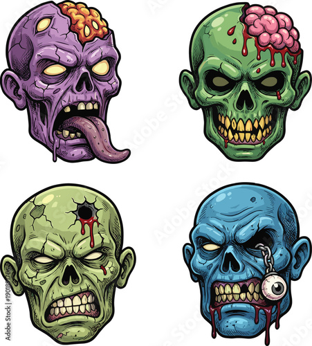Gruesome zombie head cartoon set with brains exposed, horror monster face illustrations for Halloween themes, scary games, comics, dark fantasy branding, stock use
