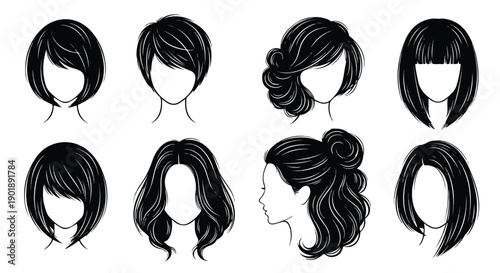 A set of eight different hairstyles for women, each illustrated in a simple black line drawing style against a clean white background.