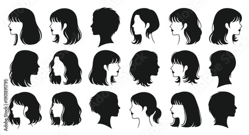 A set of black silhouettes of women showcasing various hairstyles against a clean white background with a neutral mood.