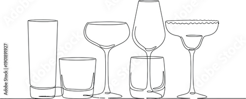 Continuous one line alcohol drinks. Alcoholic beverages glasses, from classic cocktails to craft beer, shots of strongest liquors and chill whiskey isolated vector illustration set.