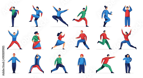 Illustrated set of people performing different yoga and stretching poses, representing balance, wellness, mindfulness, and healthy living; perfect for yoga studios, wellness apps, fitness branding, ed